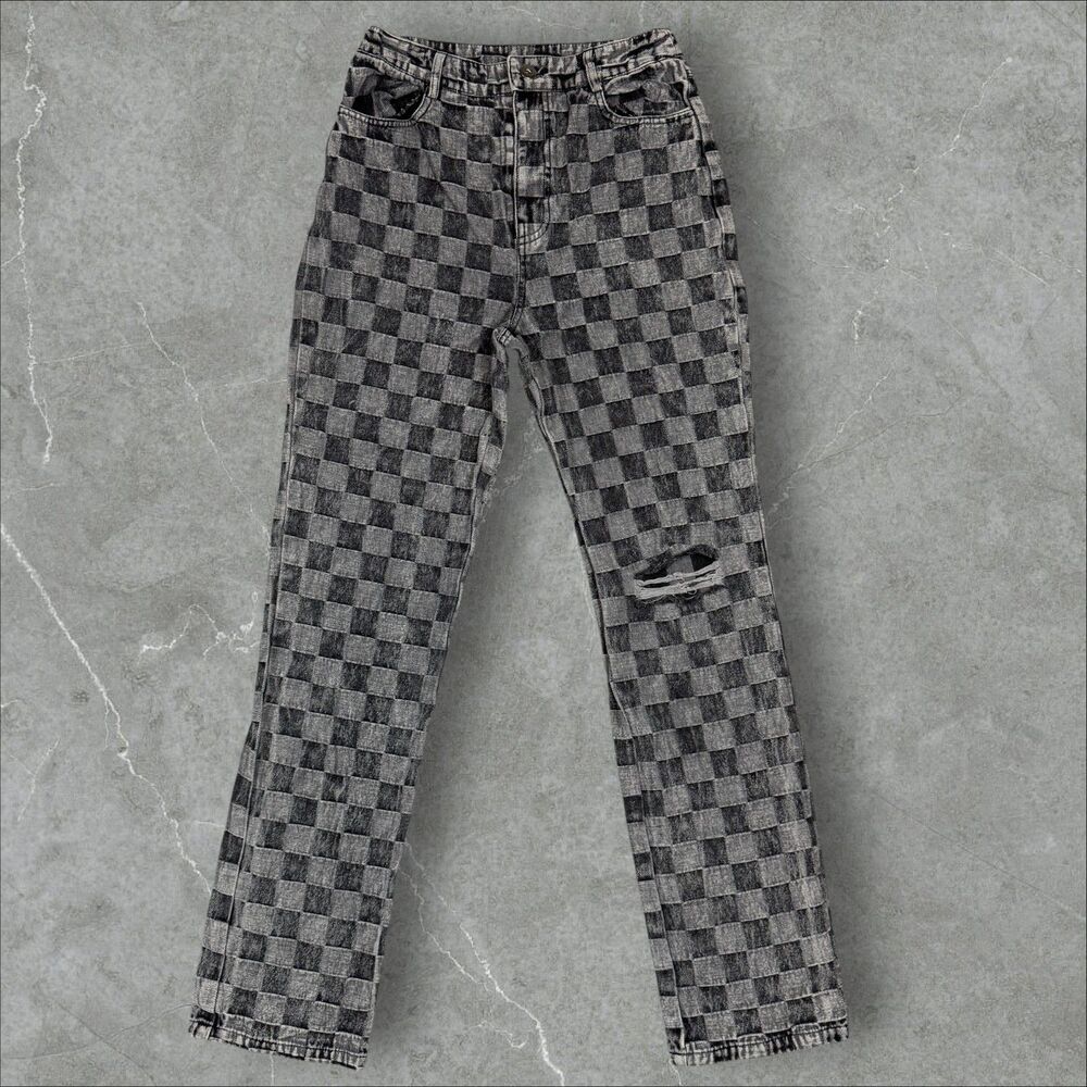 Women's West of Melrose 3D Checker Pattern Light Black and Grey Denim Jeans - XS